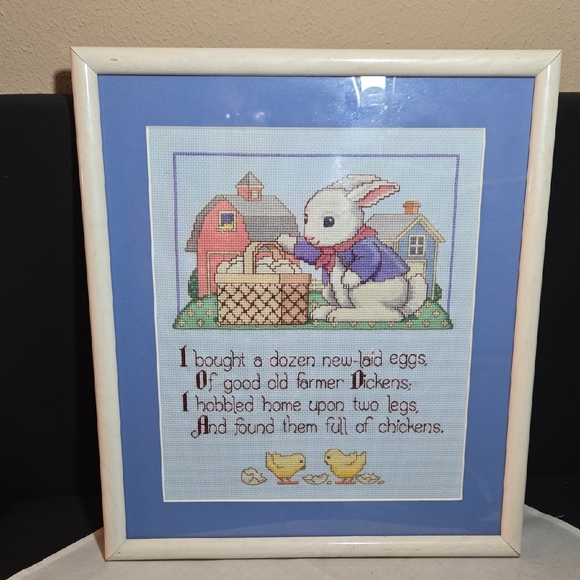 Handmade Other - Framed Cross Stitch Bunny with Basket and Chickens - Pastel Blue Mat. 13" × 15"